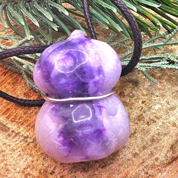 Nature Purple Fluorite Hand Carved Stacking Funny Pumpkin Pendant Necklace - Picture 1 of 10
